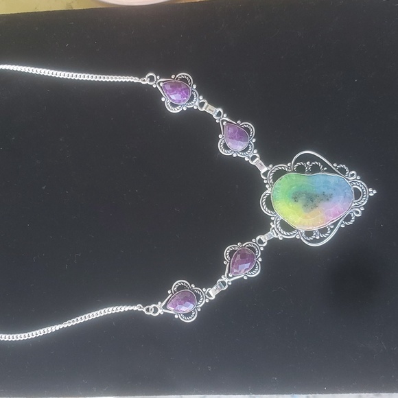 New Rainbow Solar Quartz Agate and Amethyst 925 Silver Necklace. - Picture 5 of 8